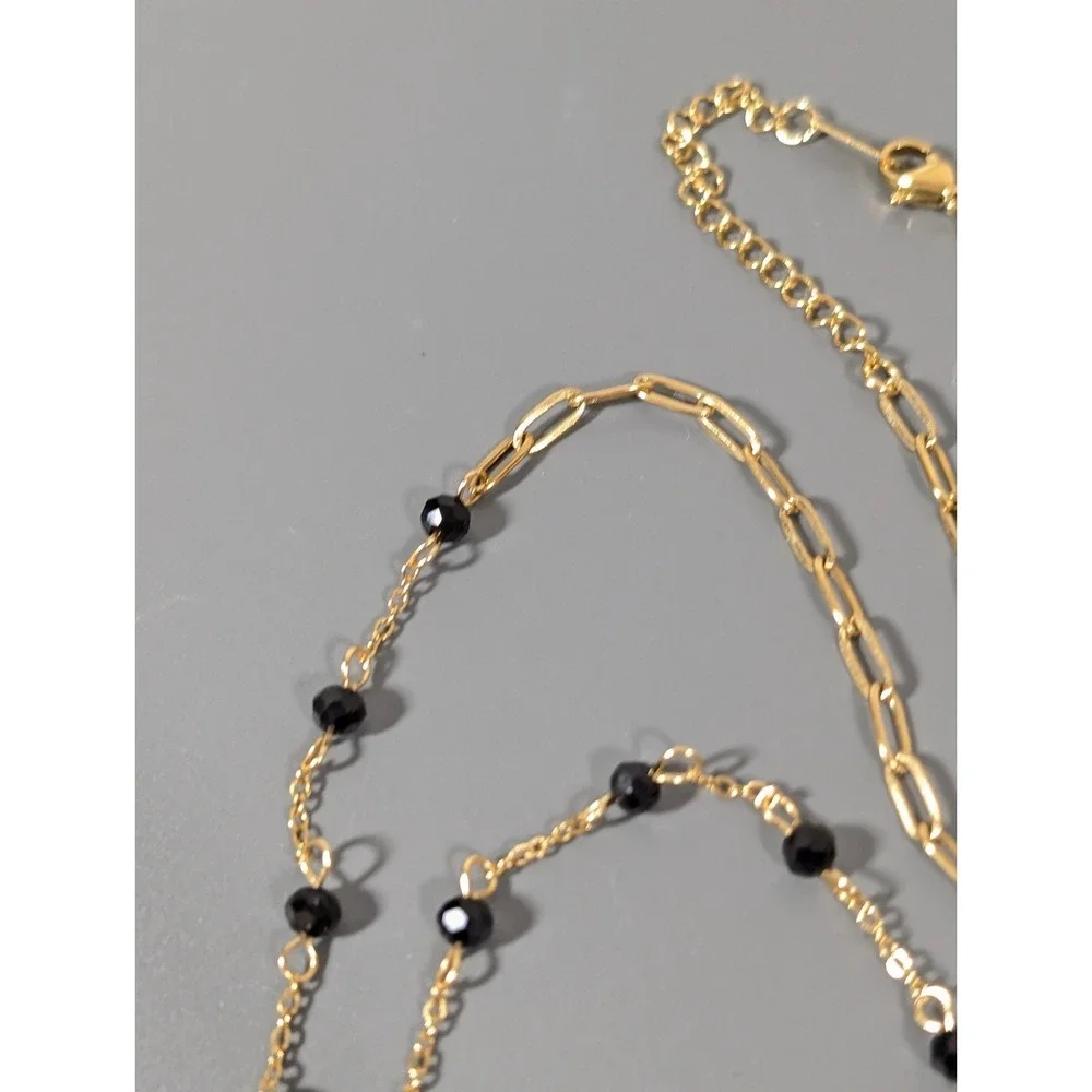 Gold Tone Black Glass Bead Y Neckalce Cross‎ Pendant Lariat Elegant 20 in